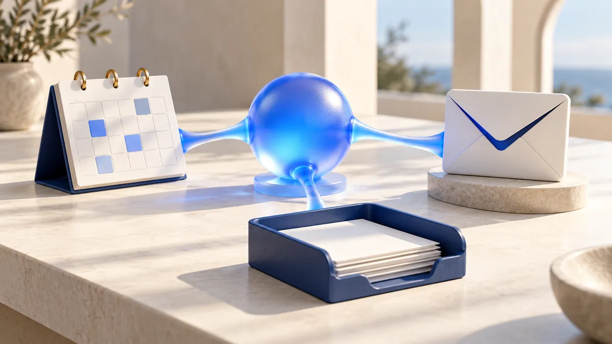 Blue glass hub connecting a calendar, envelope and document tray