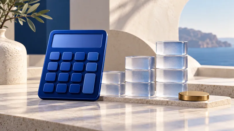 Blue calculator and translucent stacked blocks representing setup and recurring costs