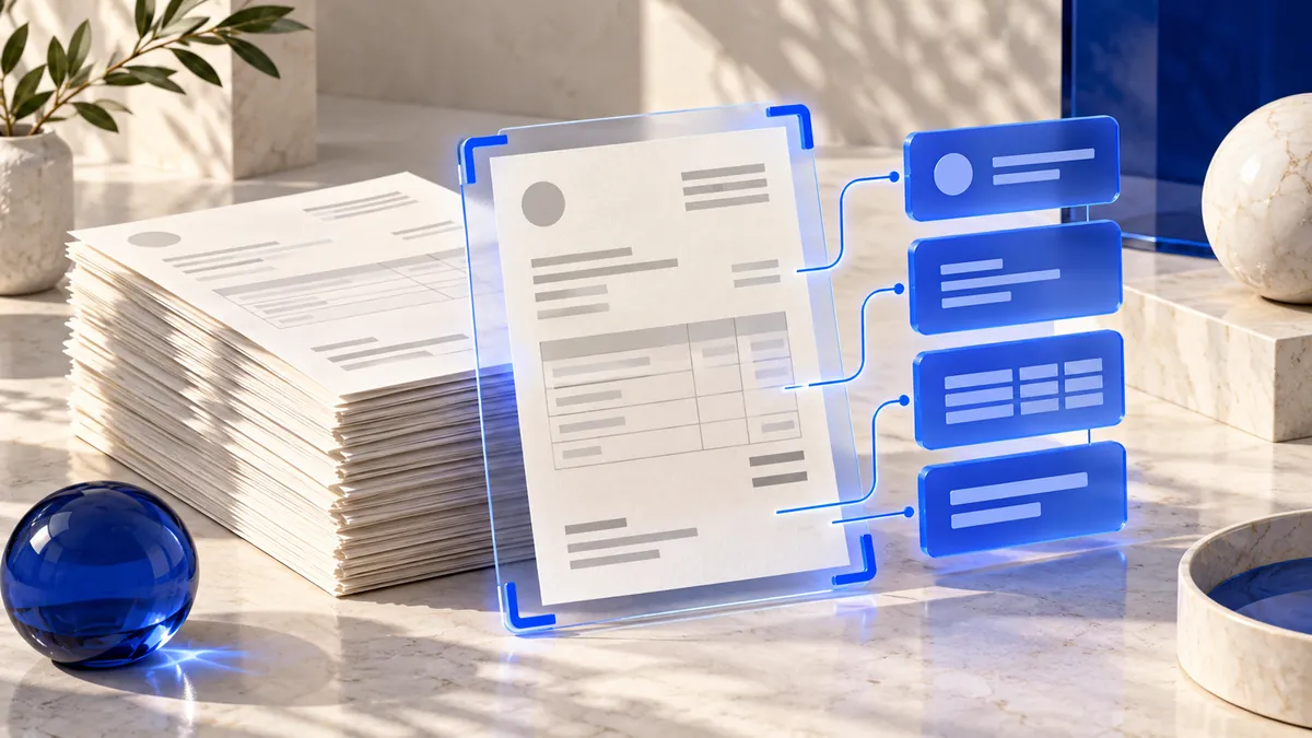 Invoice-like papers beneath a blue extraction frame with sorted record tiles