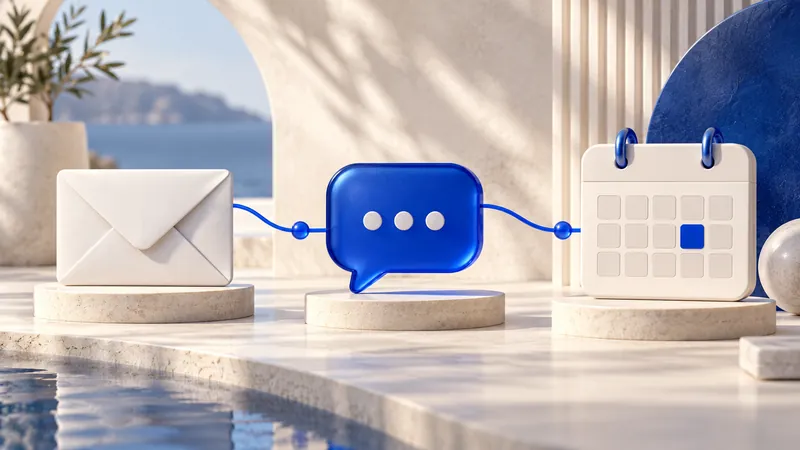 Envelope, blue conversation bubble and appointment calendar connected in sequence