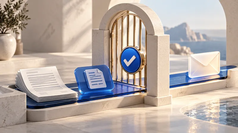 Blue workflow tile paused at an ivory approval gate between a draft and envelope