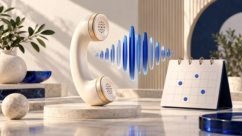 Ivory telephone receiver beside a blue glass sound waveform and calendar