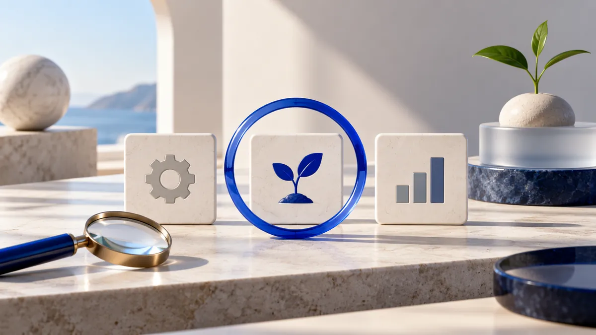Three task tiles with one selected by a blue ring and magnifying lens
