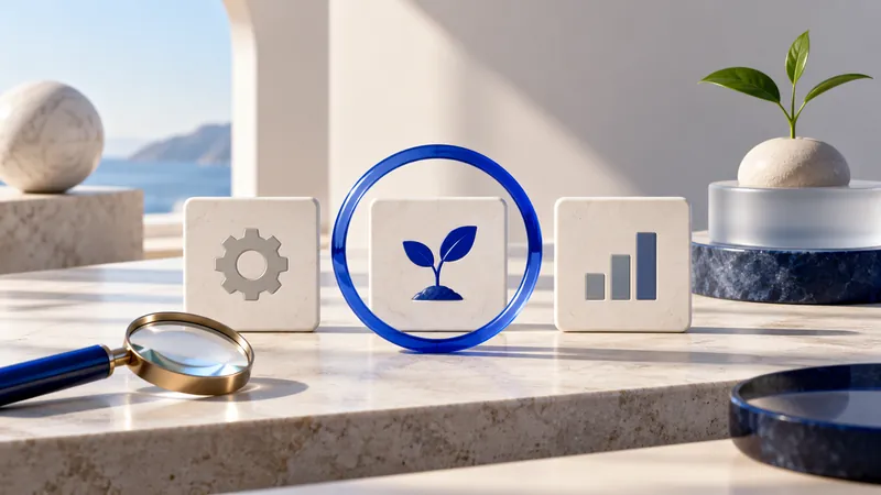 Three task tiles with one selected by a blue ring and magnifying lens