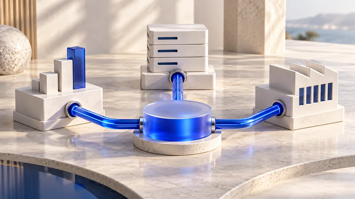 White business-system blocks joined by precise blue connectors