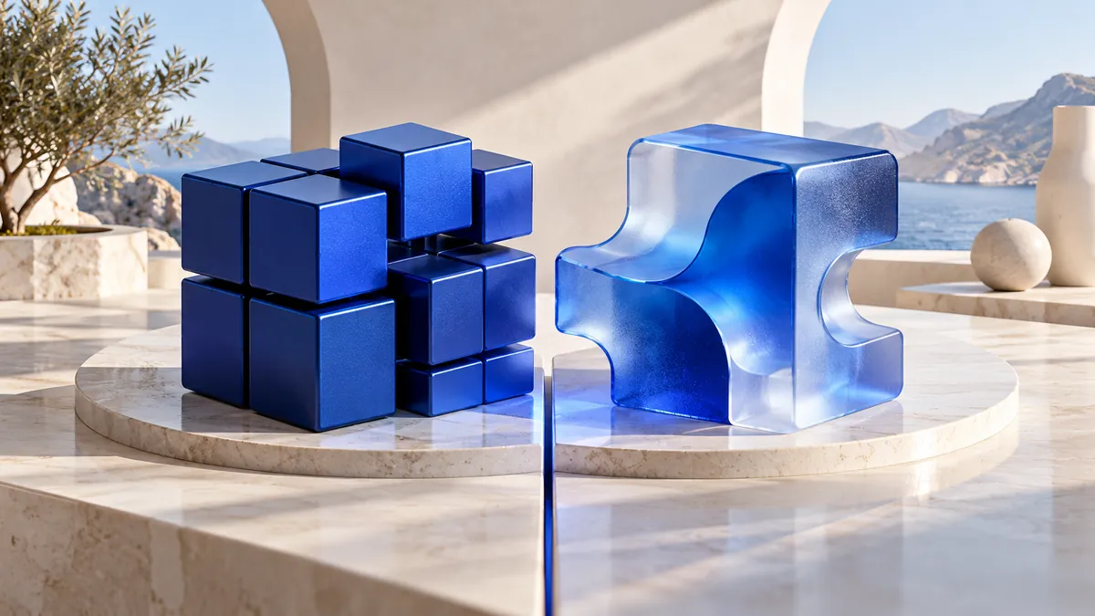 Modular blue cube beside a bespoke fitted glass component
