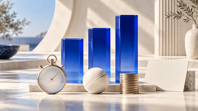 Blue glass chart beside a stopwatch and a ledger card representing value measurement