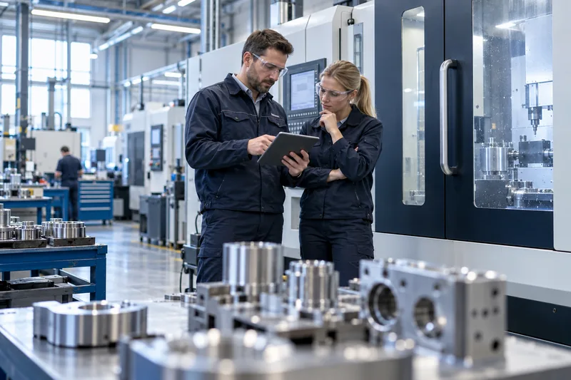Two manufacturing engineers reviewing a tablet beside CNC equipment in a precision engineering factory